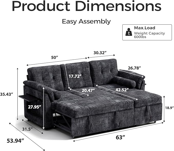 Convertible Sleeper Sofa Bed, 63 Inch Chenille Pull Out Couch with Side Table & Adjustable Backrest, Sectional Sleeper Sofa with Pull Out Bed for Living Room, Apartment, Black