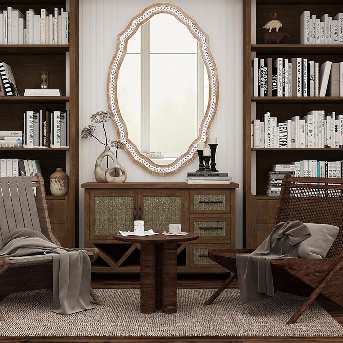 24x35 Inch Decorative Wooden Oval Wall Mirror, Rustic Farmhouse Bathroom Mirror Over Sink, Accent for Entryway, Living Room, Bedroom, Vertical or Horizontal Hanging