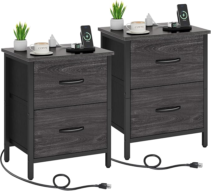 Vagusicc Nightstand Set of 2 with Charging Station, End Table Bedside Table with Power Outlet & USB Ports, Side Table with 2 Fabric Drawers for Bedroom, Living Room, Gray Walnut