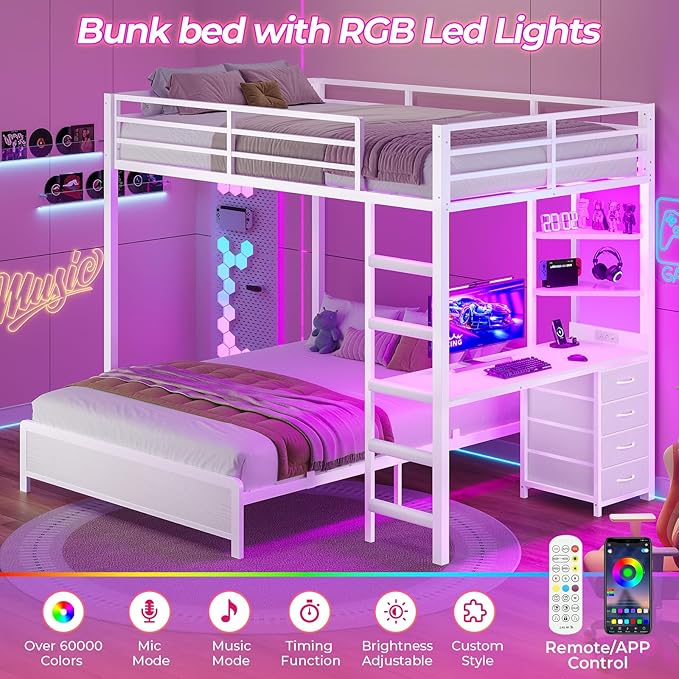 ADORNEVE Bunk Bed with Desk, Full Over Full Bunk Beds with Charging Station & Led Lights, 4 Storage Drawers & 2 Open Storage Shelves, Metal Loft Bed with Safety Guardrail & Ladder for Kids/Teen, White