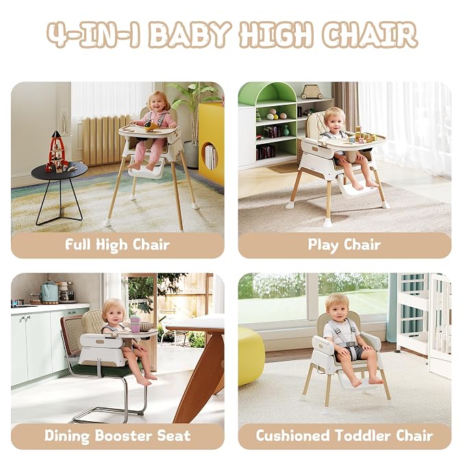 4 in 1 Baby High Chair for Babies and Toddlers, Foldable & Portable Convertible Booster Seat, Adjustable Tray & Footrest, Lightweight, Stable, Easy to Clean, Khaki