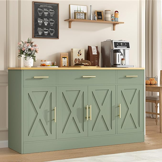 Vongrasig Buffet Cabinet with Storage, Farmhouse Coffee Bar Table with Drawers, 53” Large Modern Sideboard Buffet with Adjustable Shelves, Wood Buffet Table for Kitchen, Dining Room, Green