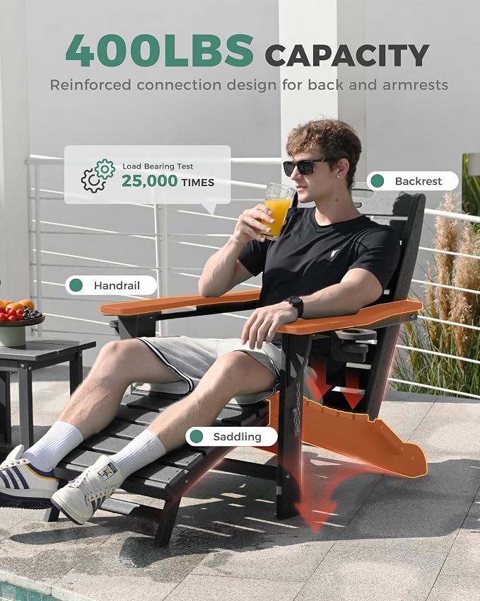 Adjustable Adirondack Chairs Set of 6 with Retractable Ottoman, HDPE Folding Adirondack Chair with Cup Holders, Weather Resistant for Backyard, Poolside & Fire Pit (Black)