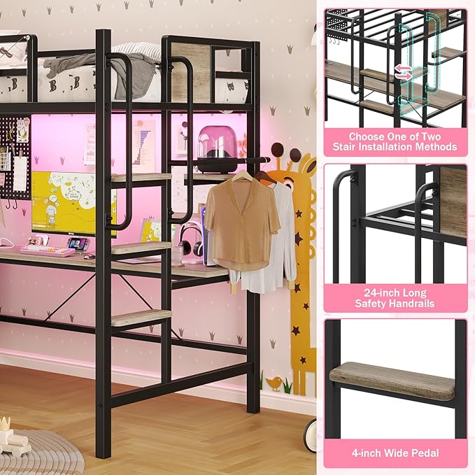 BYSAUD Twin Loft Bed with Desk and Storage, Metal Bunk Bed with 5 Drawers and 2 Pegboards, Heavy Duty Loft Bed Twin Size with LED Lights and Charging Station for Teens Adults, Noise Free, Gray