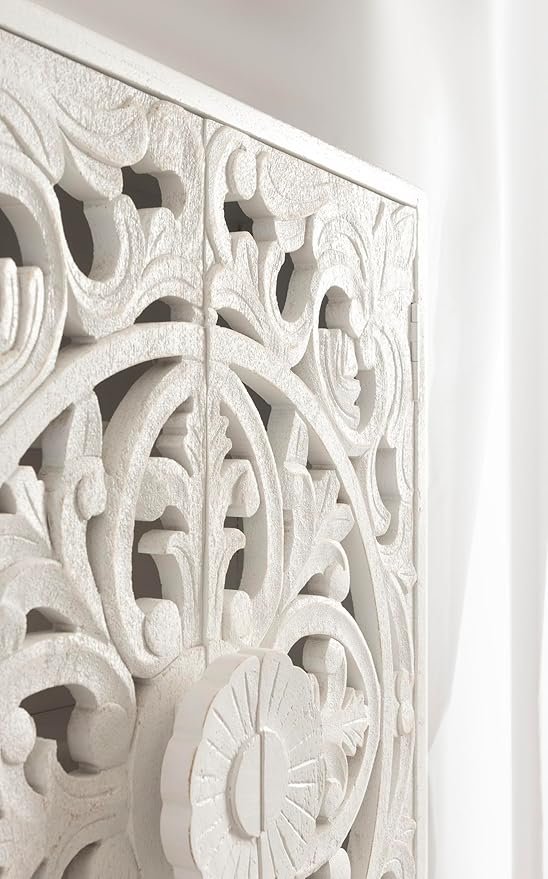 Kate and Laurel Saanvi Traditional Carved Wood Floating Bathroom Wall Cabinet, 22 x 7 x 28, White, Dimensional Over the Toilet Storage Cabinet for Use as Bathroom Storage or Entryway Decor and Display
