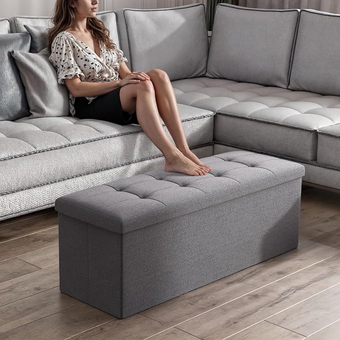 Magshion Folding Storage Ottoman Bench, 43 Inches Ottoman Foot Rest, Large End of Bed Bench, Storage Chest for Living Room, Entryway, Bedroom, 600 lbs Load Capacity, 15 x 43 x 15 Inches, Dark Gray
