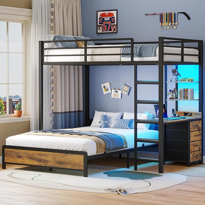 ADORNEVE Twin Over Full Bunk Bed with Desk, Bunk Beds Twin Over Full Size with Charging Station & Led Lights, Storage Drawers & Shelves, Loft Bed with Safety Guardrail & Ladder for Kids/Teens, Black