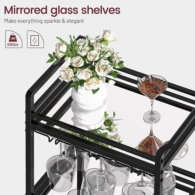 Black Small Bar Cart with 3-Tier Mirrored Shelf, Glass Holders for Kitchen, Dining Room, Living Room - Drink Cart on Wheels with Wine Glass Rack