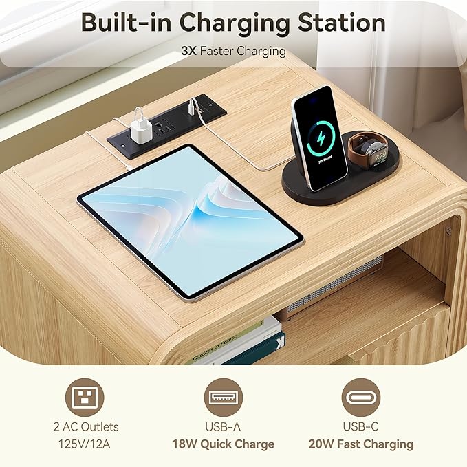 Decofy Fluted Nightstand Set of 2 with Charging Station, 19.7'' Wide Morden End Table with USB/Type-C Ports, 2 Drawers & Open Shelf, Curved Profile Design, Wood Bedside Table for Bedroom (Oak)