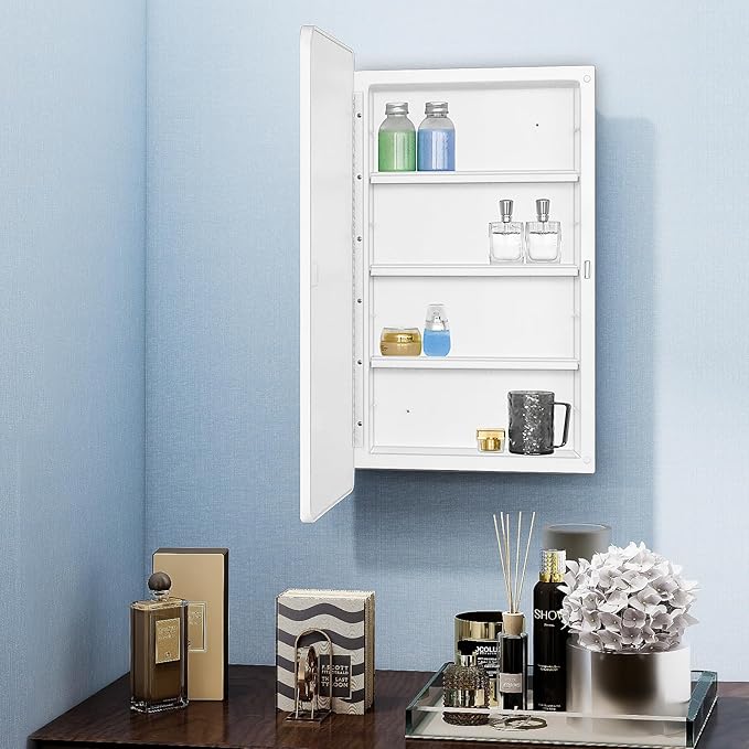 Fundin White Plastic Medicine Cabinet, Mirror Door with Round Corner Metal Frame, Recessed and Surface Mount Bathroom Wall Medicine Cabinet, 16 x 28 inch Mirror Size