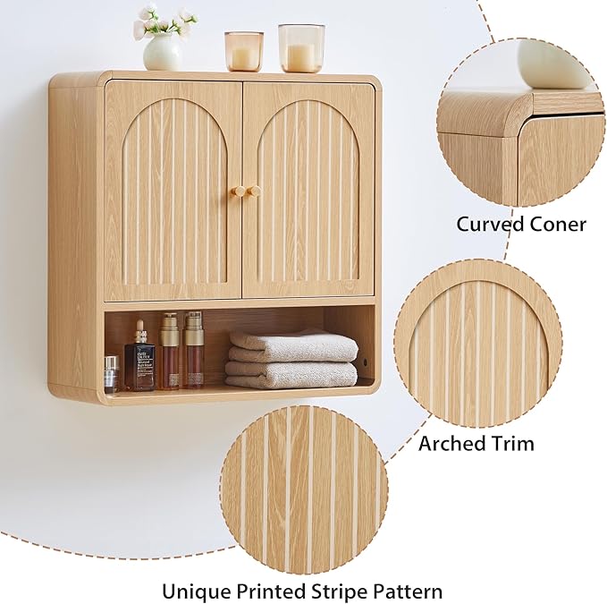 Wall Storage Cabinet with Adjustable Shelf, Over the Toilet Storage Cabinet for Bathroom, Light Wood Color Medicine Cabinet Organizers for Bathroom, Laundry Room, Kitchen (Natural)