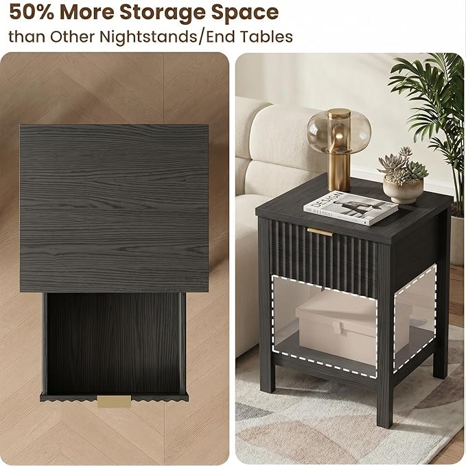 Fluted Night Stand with Golden Handle,Set of 2 Mid-Century Nightstands with Drawer, Bedside Table with Storage Shelf, Side Tables for Room,End Tables for Bedroom,Black Wood Grain
