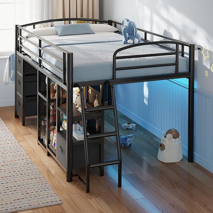 Low Loft Bed Twin Size with 4 Storage Drawers and LED Lights, Twin Loft Bed with Sling Bookcase & Toy Storage, Kids Twin Beds with Anti-Collision Pad & Play Curtain, Under-Bed Play Space, Black