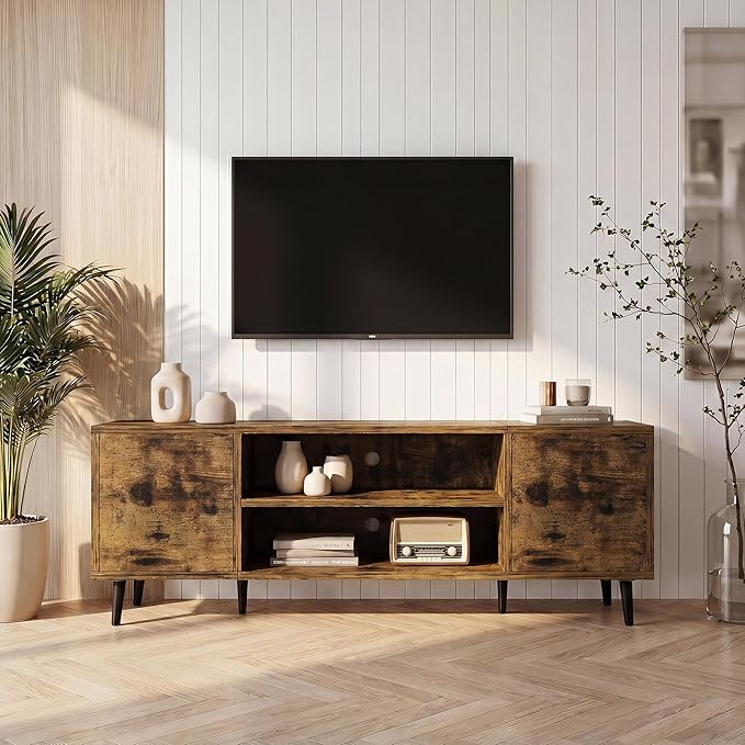 JUMMICO Mid-Century Modern TV Stand for 43-55 Inch TVs, 50 Inch Media Console with Storage, Entertainment Center with Push-Open Cabinets and Cable Management for Living Room (Rustic Brown, 50 Inches)