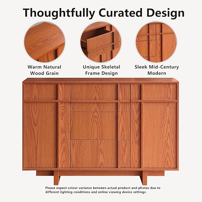 Sideboard Buffet Cabinet with Storage, 47.2" Large Sideboard with 2 Doors&3 Drawers, Mid Century Modern Credenza with Skeleton line&Wood Grain for Living Room, Kitchen and Entryway, Cherry