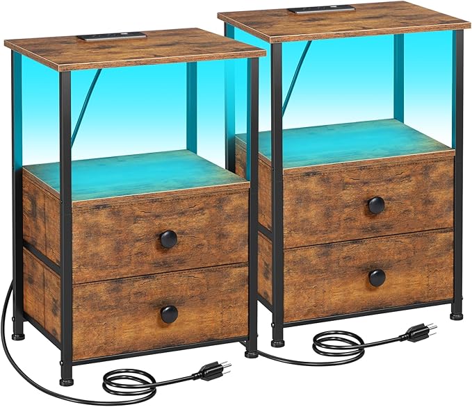 LOAKEKEL Night Stand Set 2, LED Nightstand with Charging Station, End Tables with Storage Shelf for Small Space, Bedside Table with 2 Fabric Drawers for Bedroom, Brown HETS02PQBR