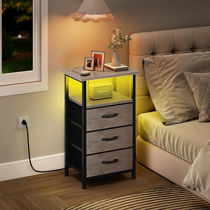 Vagusicc Night Stand Set 2 with Charging Station, LED Nightstand for Bedroom, Bedside Table with 3 Fabric Drawers, End Table Side Table with USB Ports & Outlets, Bed Side Table for Bedroom, Greige