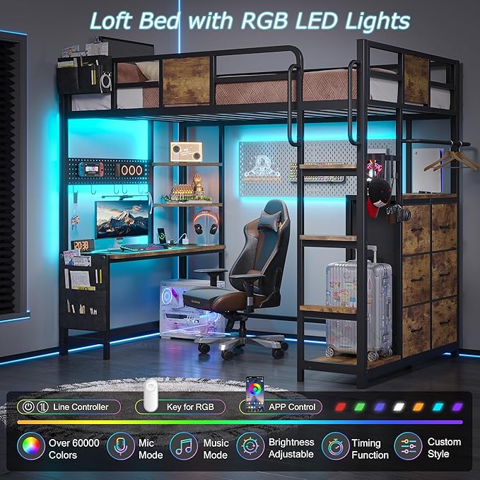BYSAUD Loft Bed with Desk, Loft Bed Twin Size with 6 Storage Drawers & 4 Storage Shelves,Twin Loft Beds with LED Lights & Charging Station, Bunk Bed with Safety Guard, No Box Spring Needed, Brown