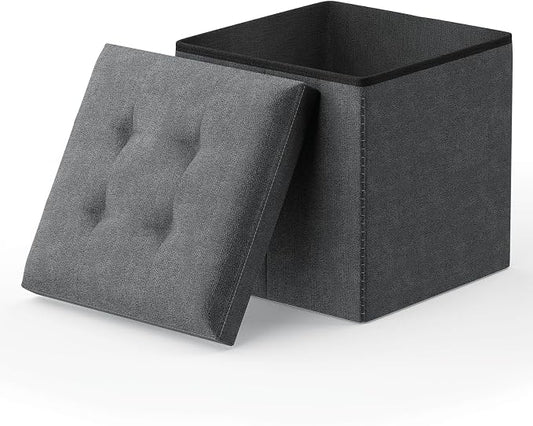 MoNiBloom 15 Inches Storage Ottoman Cube, Folding Square Foot Rest Stool, Small Ottoman Footrest with Storage for Living Room, Bedroom, Entryway, Dark Gray