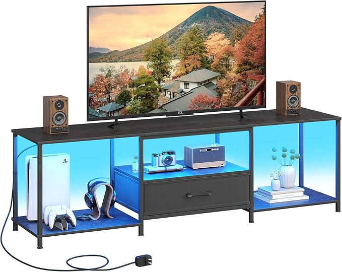JARHETUN TV Stand with LED Lights, Entertainment Center with Open Shelves and Fabric Drawer, Media Console for 80 Inch TV, Television Stands for Living Room, Bedroom, Black