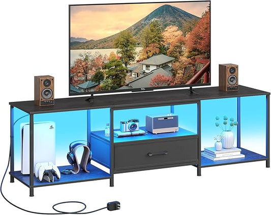 JARHETUN TV Stand with LED Lights, Entertainment Center with Open Shelves and Fabric Drawer, Media Console for 80 Inch TV, Television Stands for Living Room, Bedroom, Black