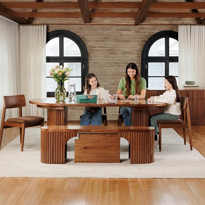 Transformer Table - Solid Wood Extendable Round Dining Table Set, Expandable Dining Table, Elegant and Functional Design, Perfect for Dining Room, Royal Brown (Table + Bench + 4 Chairs)