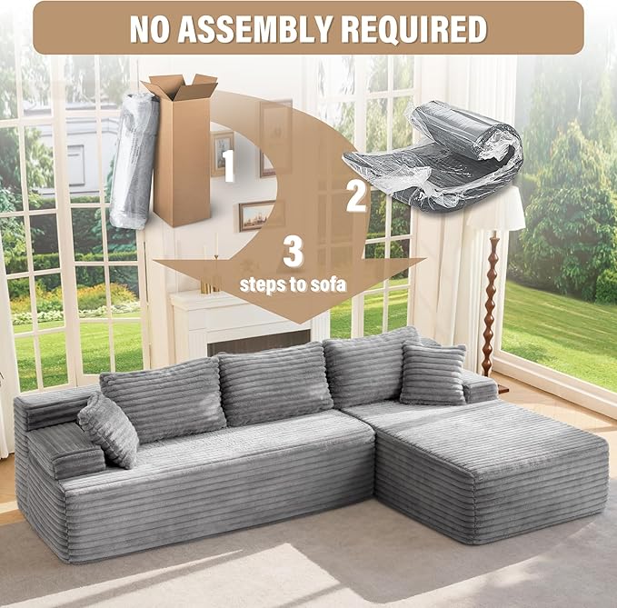 Hobestluk Modular Sectional Sofa Boneless Couch L-Shape Couch 3 Seat Modular Couch Memory Foam Sectional Couches for Living Room Furniture, Cloud Couch with Oversized Chaise (108" Right Facing Chaise)
