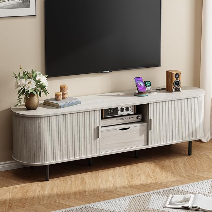 ONBRILL 69" TV Stand with Power Outlet for TVs up to 80", Entertainment Center with Storage and Drawer, TV Console with Adjustable Shelves and Sliding Door, TV Stand for Living Room, Natural White