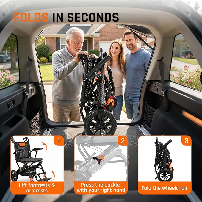 SOFTFISH Transport Wheelchair with Telescopic Rod, Wheelchairs for Adults with Foldable Footrest and Armrests, Narrow Wheelchair for Tight Spaces, Wheel Chair for Adults Seniors, Travel, Outing