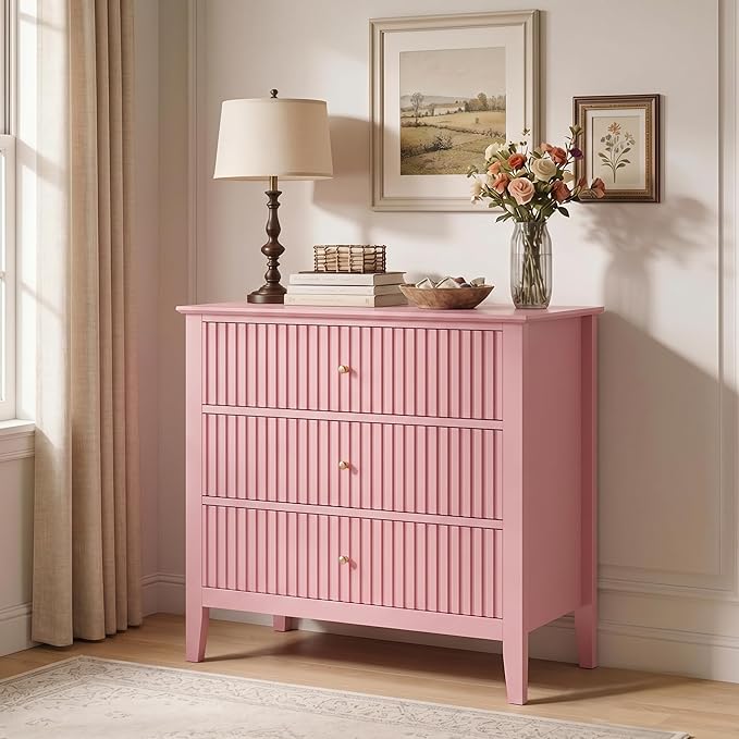 RoyalCraft 32" Large Nightstand, Fluted Painted Bedside Table with 3 Spacious Drawers, Modern Tall End Table for Bedroom, Pink