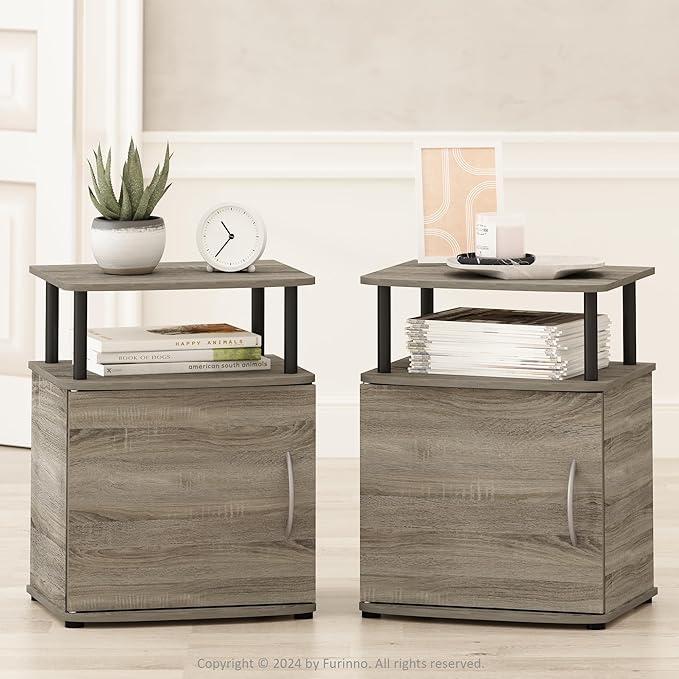 Furinno TIDUR Night Stand Set of 2, Nightstand with Open Shelf and Door Cabinet, Round Corner Bedside Table, End Table, Side Table, for Bedroom, Closet, Dorm, French Oak