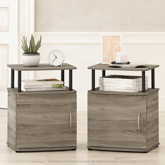 Furinno TIDUR Night Stand Set of 2, Nightstand with Open Shelf and Door Cabinet, Round Corner Bedside Table, End Table, Side Table, for Bedroom, Closet, Dorm, French Oak