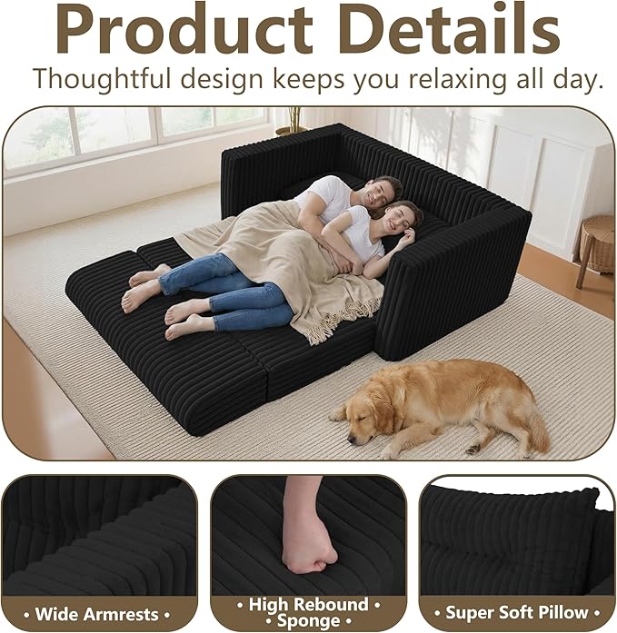 HABUTWAY 41.3" Loveseat Boneless Couch, 4-in-1 Convertible Sofa Bed, Plush Fur Folding Futon Sofa Bed Couches with a Pillow for Living Room, High-Density Foam Support, No Assembly Required, Black