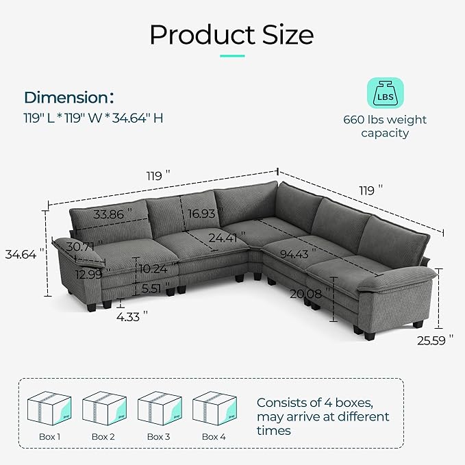 LINSY HOME Modular Sectional Sofa, 5-Seat Corduroy Modern Cloud Couch with Deep Seat, Perfect for Living Room, Office, Bedroom, Grey