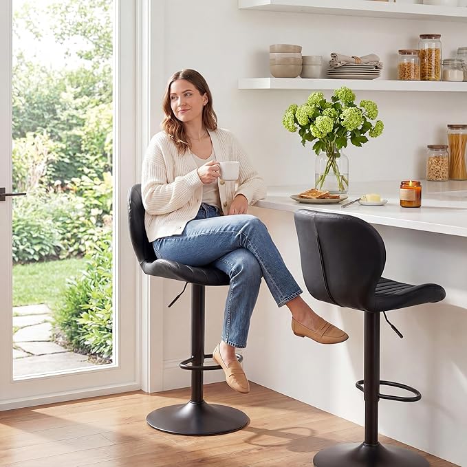 GRUSIGN Bar Stools Set of 4, Modern Swivel Adjustable Bar Chairs, Faux Leather Upholstered Counter Height Bar Stools with Backrest, Comfort Barstools for Kitchen Island, Home Bar, Black