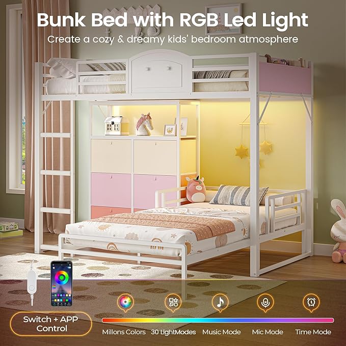 AOGLLATI Bunk Bed Twin Over Twin with 6 Storage Drawers for Kids Teens,Metal Led Loft Bed with Bedside Storage,Safety Guardrails for Small Space, No Box Spring Needed,White