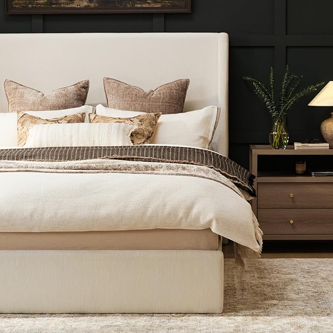 RECCI King Size Bed Frame with 53" Extra Tall Wingback Headboard, Luxury Upholstered Platform Bed Frame, Heavy Duty Support, Noise-Free, Easy Assembly, No Box Spring Needed, Beige Chenille