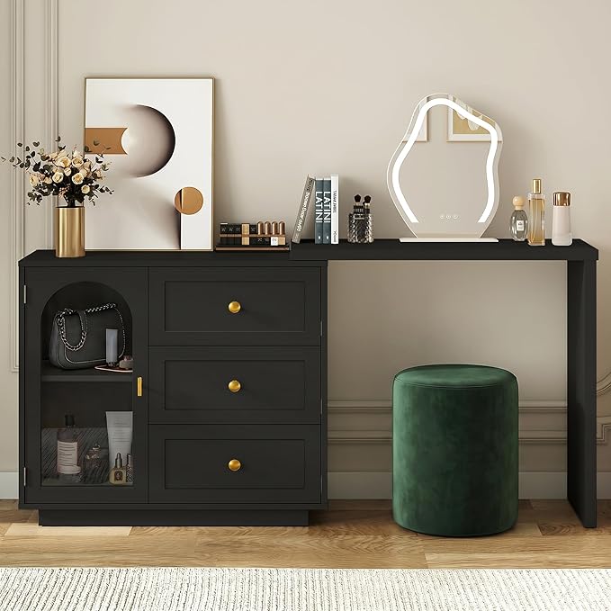 RoyalCraft 59" Makeup Vanity Desk, Black Vanity Dresser, L Shaped Corner Vanity Table with 3 Drawer & 1 Door, Modern Extendable Dressing Table for Bedroom, Dressing Room, Small Space (Without Mirror)