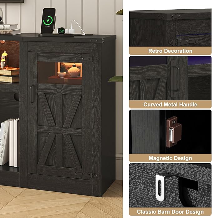 chartustriable Farmhouse TV Stand for 100 Inch TV,95" Entertainment Center w/LED Light,Large Media Console Cabinet w/Rustic Barn Doors,Power Outlets,Adjustable Shelves for Living Room,Black