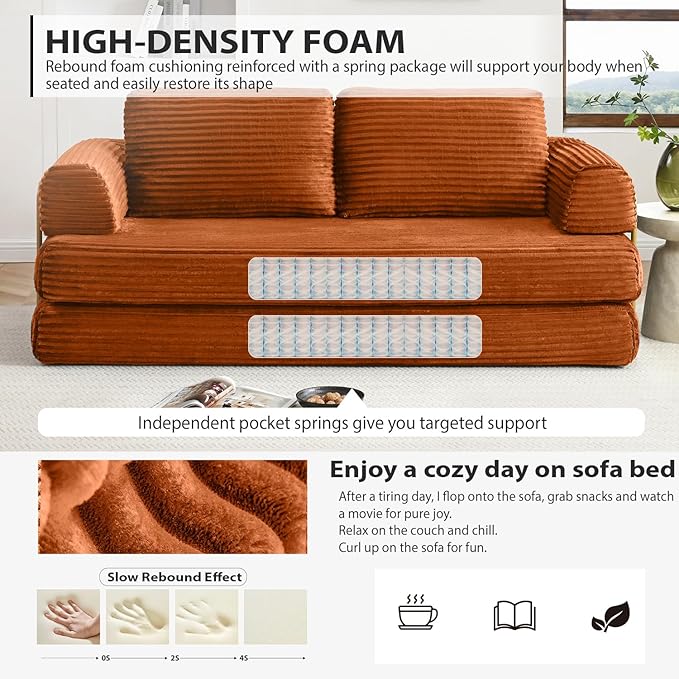 HANXIN 80 Inch Convertible Sleeper Sofa Bed, High Back Plush Corduroy Folding Floor Mattress Couch with Fixed-Shape Frame, Boneless Futon Loveseat with Pull Out Bed, No Assembly Required (Orange)