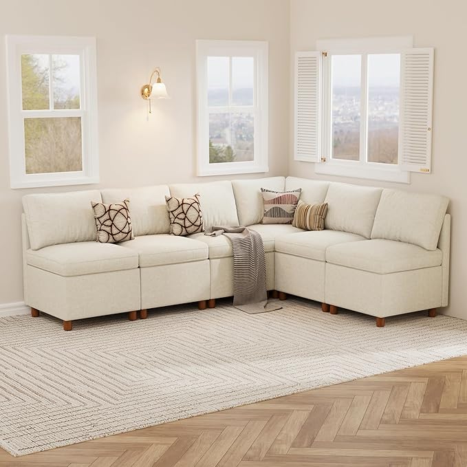 SITJOY Breakfast Nook Bench with Storage, Modular Corner Kitchen Banquette Seating, Dining Settee Couch, Upholstered Dining Bench with Back, Soft-to-Touch Fabric in Beige, 6-Seat L Shaped Nook