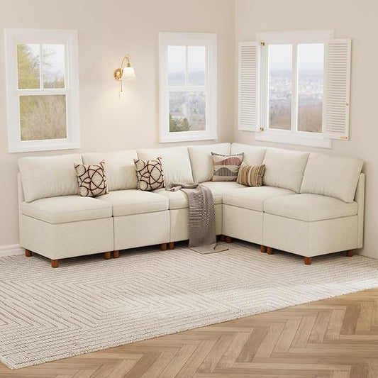 SITJOY Breakfast Nook Bench with Storage, Modular Corner Kitchen Banquette Seating, Dining Settee Couch, Upholstered Dining Bench with Back, Soft-to-Touch Fabric in Beige, 6-Seat L Shaped Nook