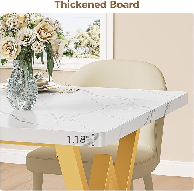 IRONCK 63" Dining Table for 4-6, Modern Rectangular Kitchen Table with Sturdy Metal Frame & Geometric Legs for Dining Room, Easy Clean-Faux Marble Color