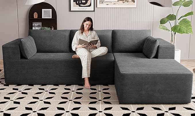 106" Cloud Sectional Boneless Couches for Living Room, Modular L Shaped Couch with Deep Seat Oversized Right Facing Chaise, Memory Foam Compressed Spineless 3 Seater Sofa for Apartment, Grey