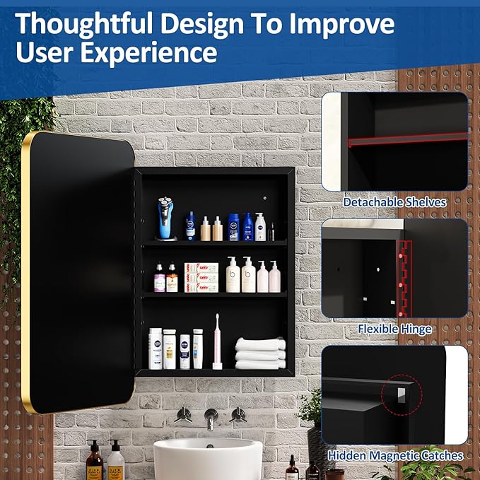 ACEMIRO 24x30 Inch Bathroom Medicine Cabinet with Mirror Gold Metal Framed Recessed or Surface Wall Mounted Mirrored Medicine Cabinets for Bathroom