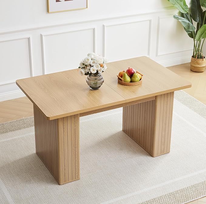 55 in–71 in Extendable Rectangular Dining Table for 4–6, Modern Farmhouse Expandable Kitchen Table with Carved Line Base, Wooden Dinner Table for Kitchen Living Room Home Office (Natural)