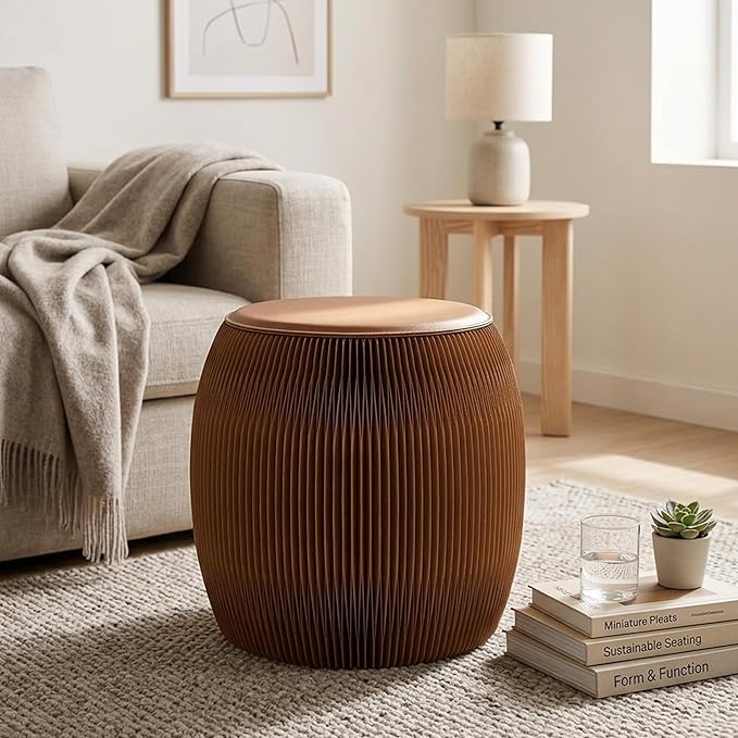 Drum-Shaped Collapsible Accordion Folding Stool, 660lbs Weight Capacity Kraft Paper Ottoman Seat with Cushion, Portable Space-Saving Foot Rest Stool for Home, Dorm & Office (11 Inch, Brown)