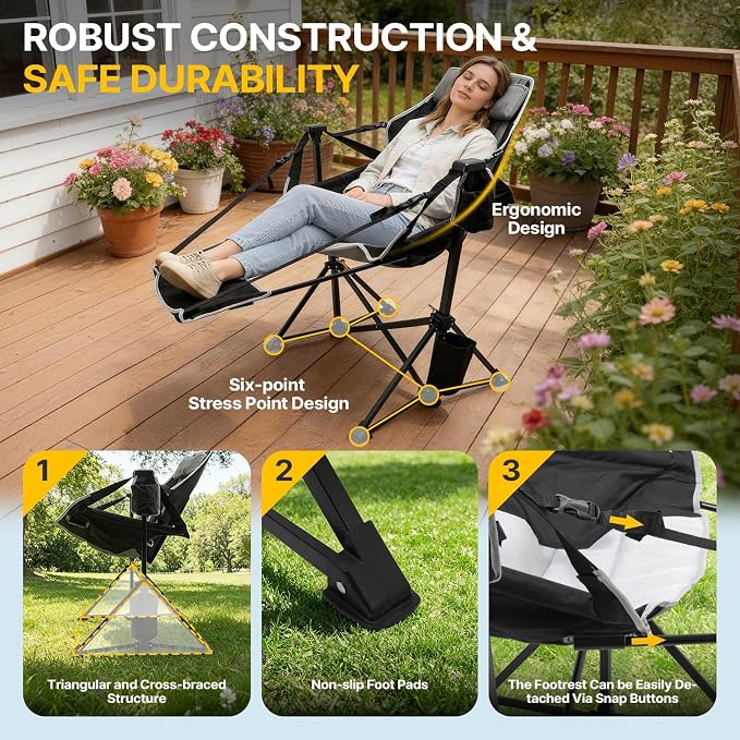 ZENPETIO Hammock Camping Chair with Footrest, Oversized Portable Folding Camp Chairs for Adults, Heavy Duty Outdoor Rocking Camp Chair with Cup Holder & Pillow for Beach, Patio, Lawn, 500 LBS
