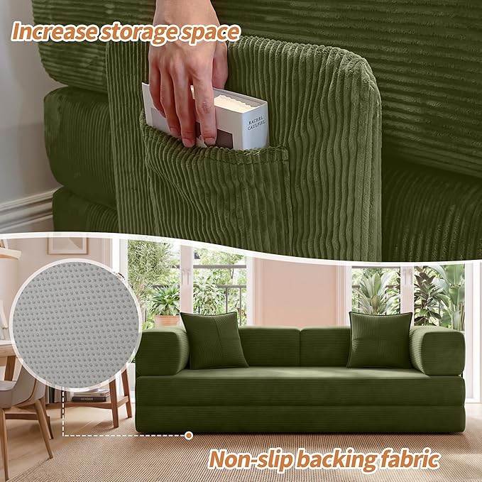 78.8" Convertible Sofa Bed with Armrest Pillow, 4-in-1 Sleeper Couch Bed for Livingroom, Modular Corduroy Boneless couches, No Assembly (Green)