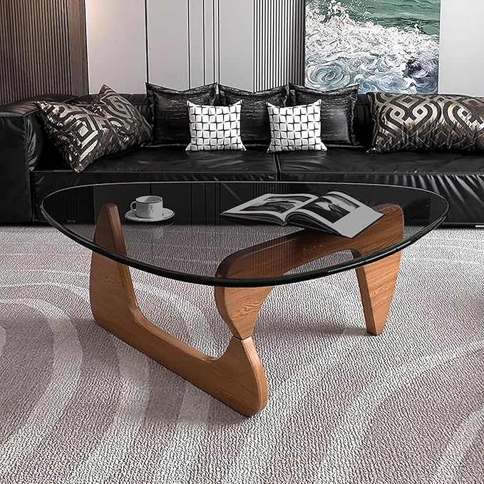 Mid Century Modern Glass Coffee Table, Coffee Table for Living Room, Noguchi Coffee Tables,Suitable for Bedroom Living Room Reception Office Tables (Walnut/Grey, ML)